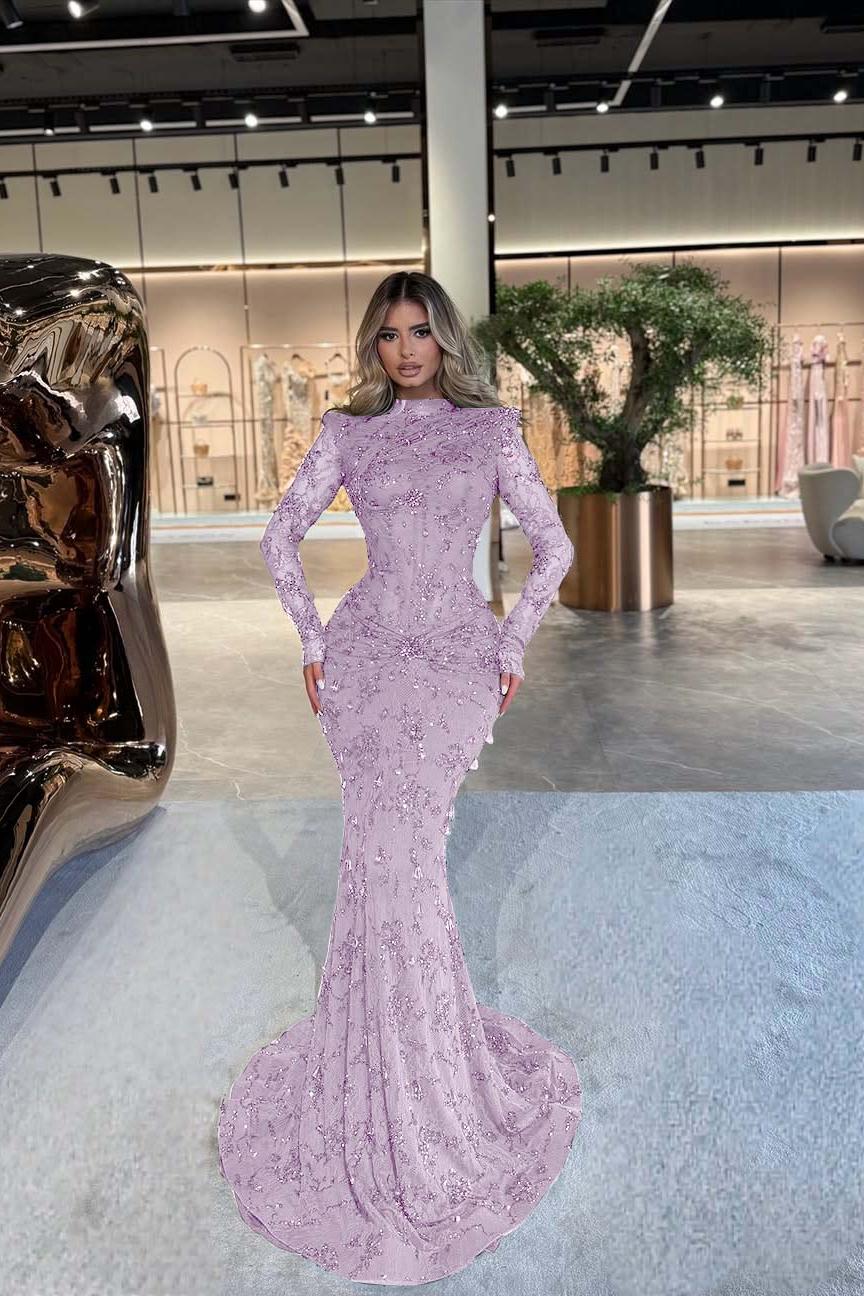 Green Mermaid Prom Dress Long Sleeve High Neck Beaded Evening Dress