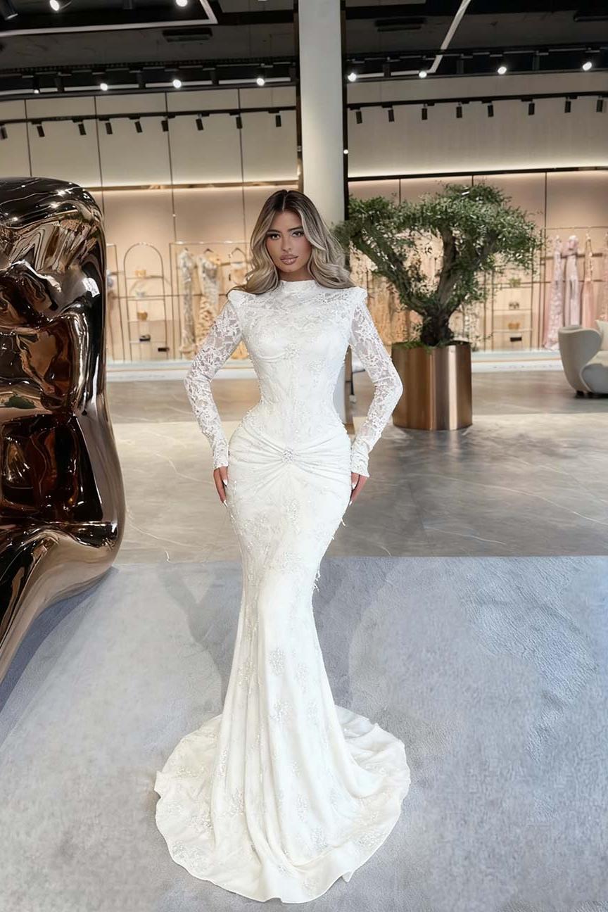 Green Mermaid Prom Dress Long Sleeve High Neck Beaded Evening Dress