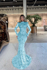 Green Mermaid Prom Dress Long Sleeve High Neck Beaded Evening Dress