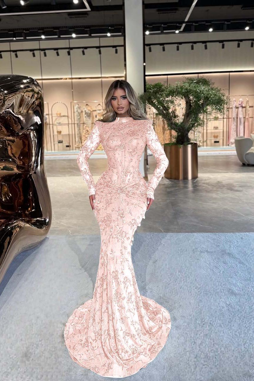 Green Mermaid Prom Dress Long Sleeve High Neck Beaded Evening Dress
