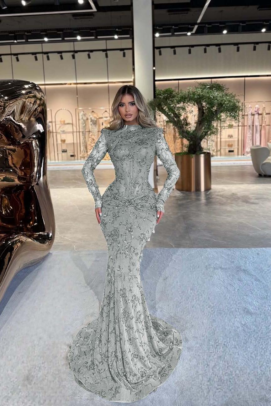 Green Mermaid Prom Dress Long Sleeve High Neck Beaded Evening Dress