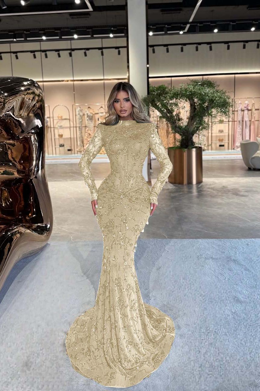 Green Mermaid Prom Dress Long Sleeve High Neck Beaded Evening Dress