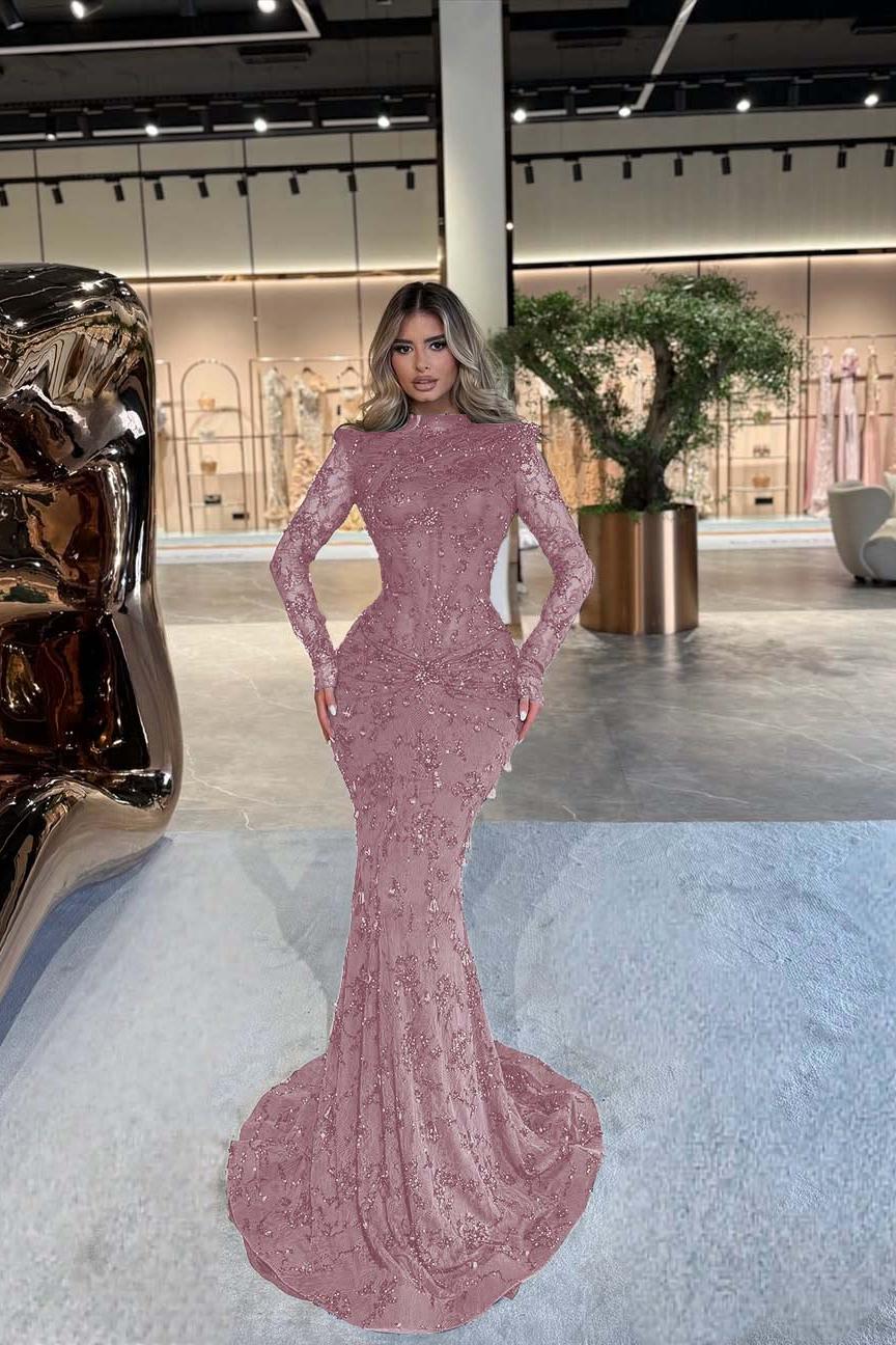 Green Mermaid Prom Dress Long Sleeve High Neck Beaded Evening Dress