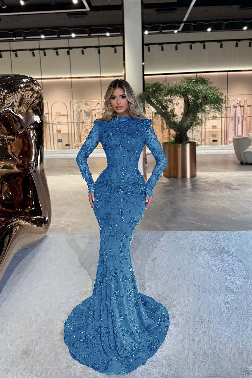 Green Mermaid Prom Dress Long Sleeve High Neck Beaded Evening Dress