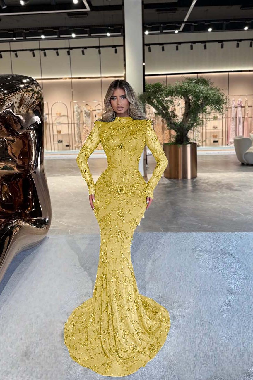 Green Mermaid Prom Dress Long Sleeve High Neck Beaded Evening Dress