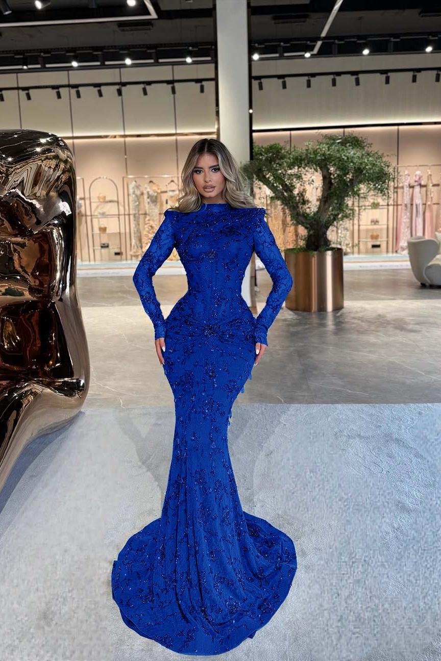 Green Mermaid Prom Dress Long Sleeve High Neck Beaded Evening Dress