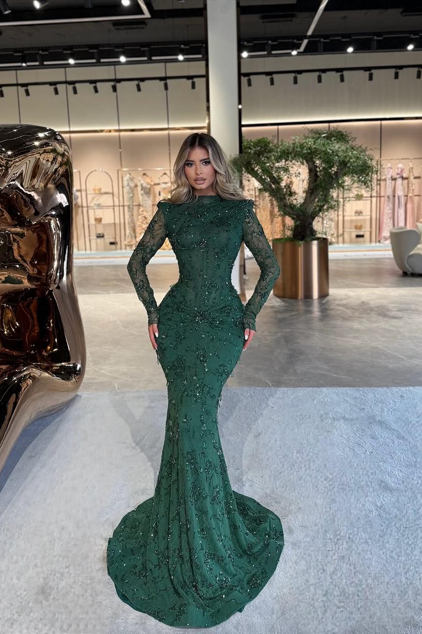 Green Mermaid Prom Dress Long Sleeve High Neck Beaded Evening Dress