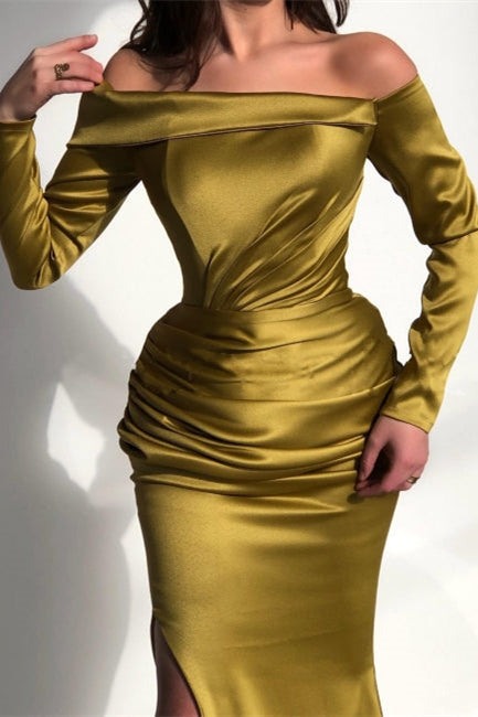Green Mermaid Prom Dress Long Sleeve Off the Shoulder Satin Evening Dress