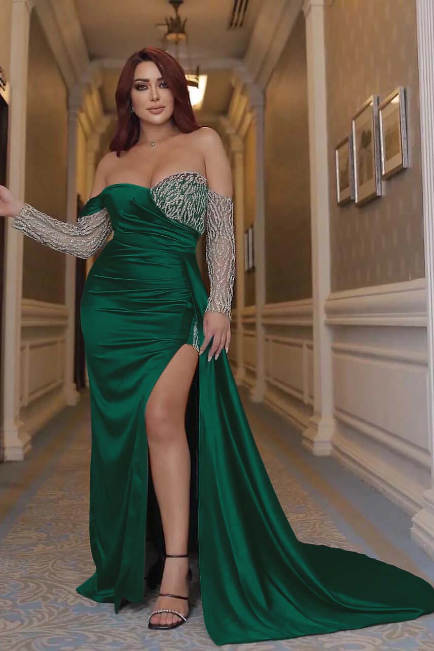 Green Mermaid Prom Dress Long Sleeve Off the Shoulder Sequined Evening Dress