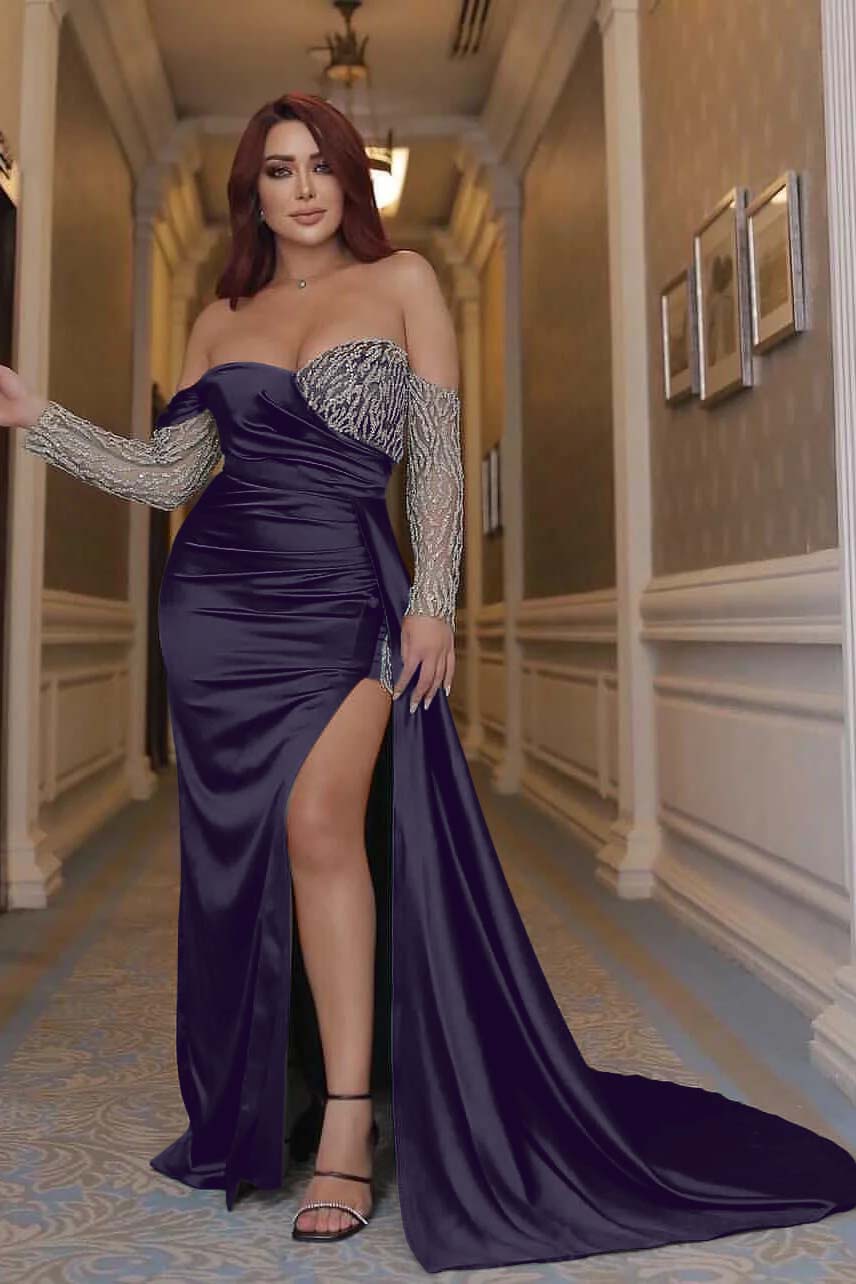 Green Mermaid Prom Dress Long Sleeve Off the Shoulder Sequined Evening Dress