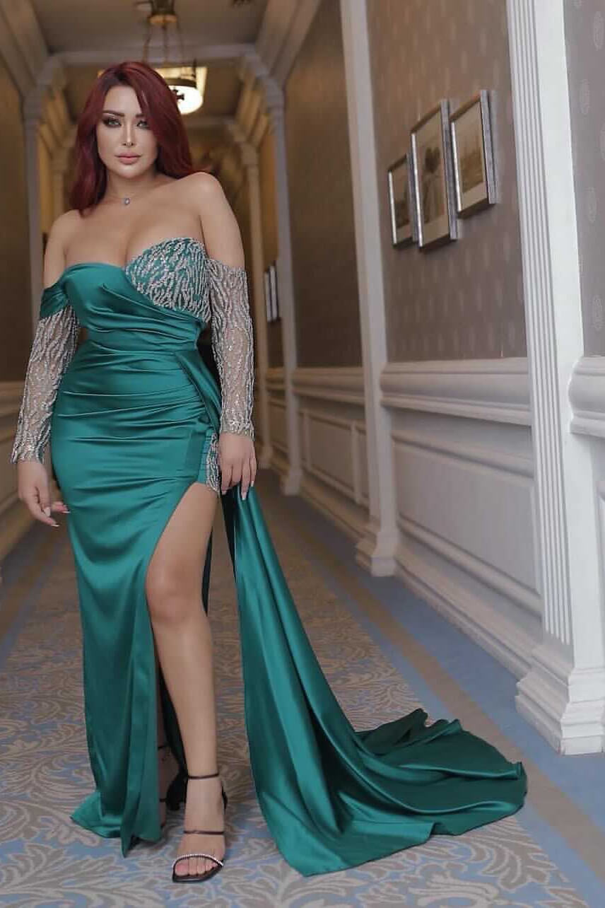 Green Mermaid Prom Dress Long Sleeve Off the Shoulder Sequined Evening Dress
