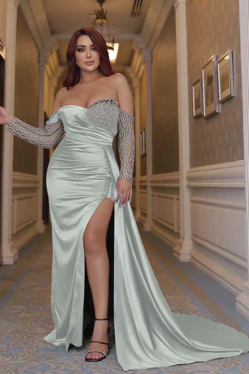 Green Mermaid Prom Dress Long Sleeve Off the Shoulder Sequined Evening Dress