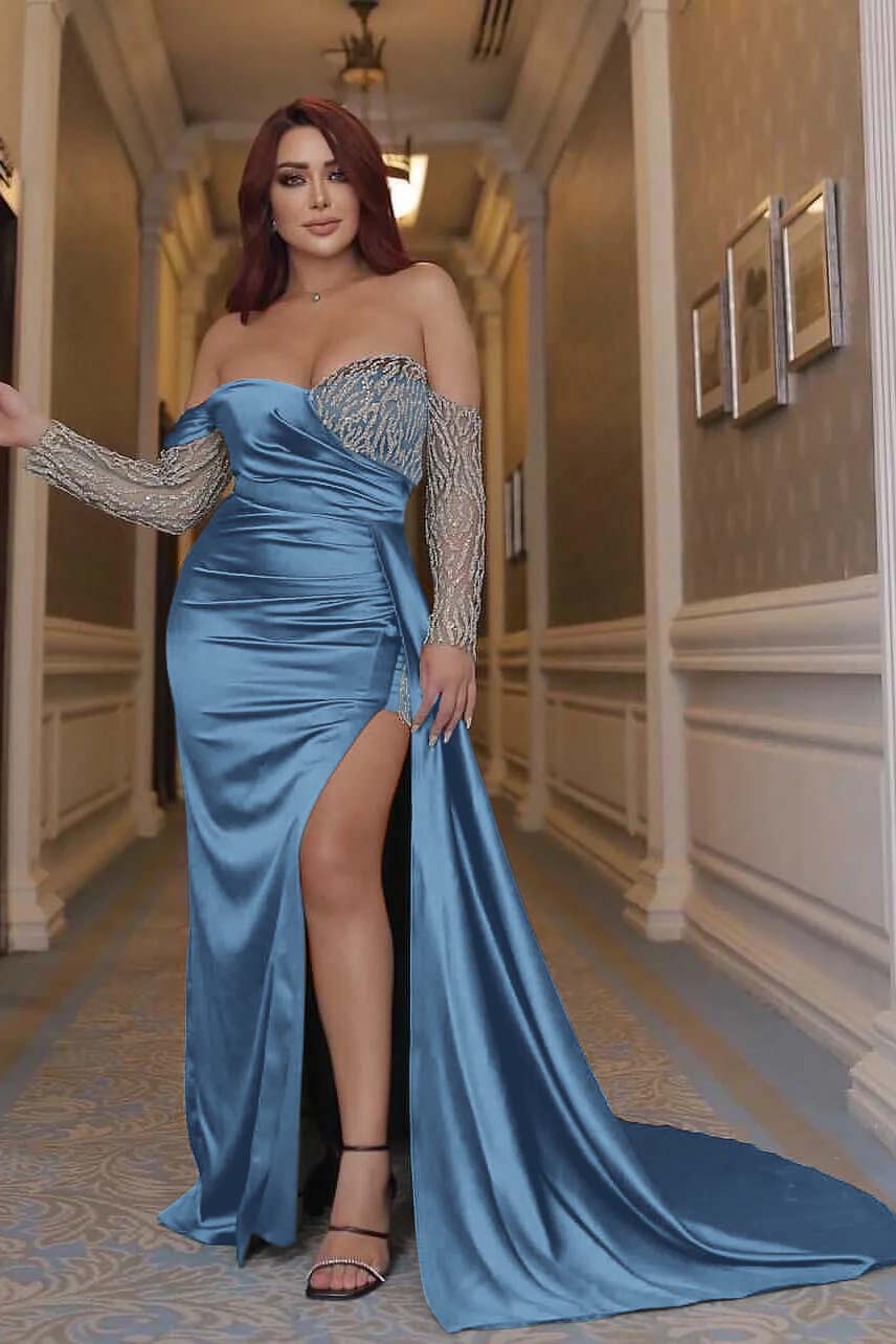 Green Mermaid Prom Dress Long Sleeve Off the Shoulder Sequined Evening Dress