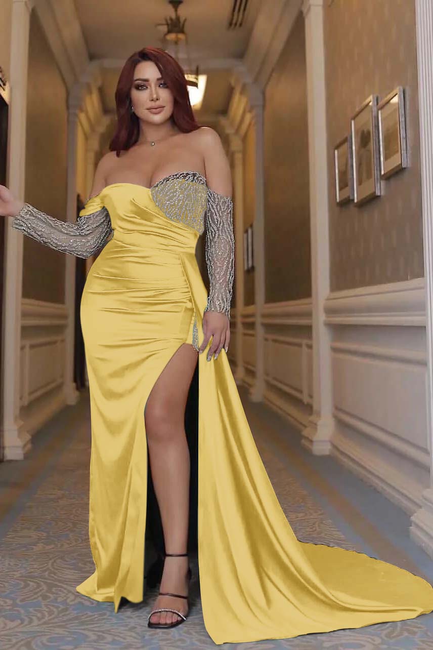 Green Mermaid Prom Dress Long Sleeve Off the Shoulder Sequined Evening Dress