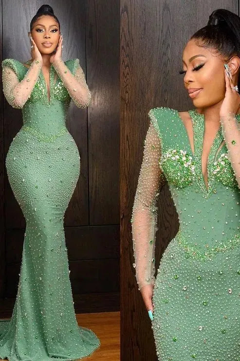 Green Mermaid Prom Dress Long Sleeve Sequined Evening Dress