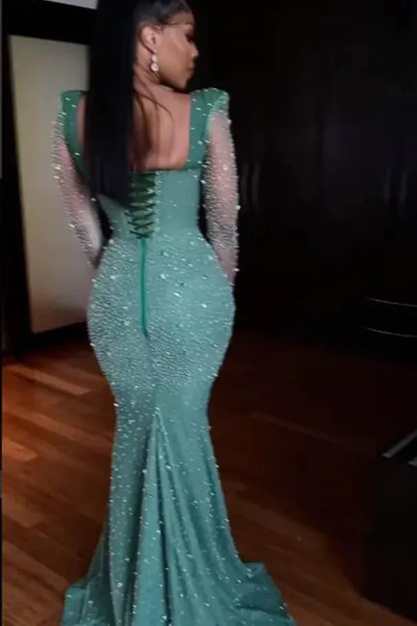Green Mermaid Prom Dress Long Sleeve Sequined Evening Dress