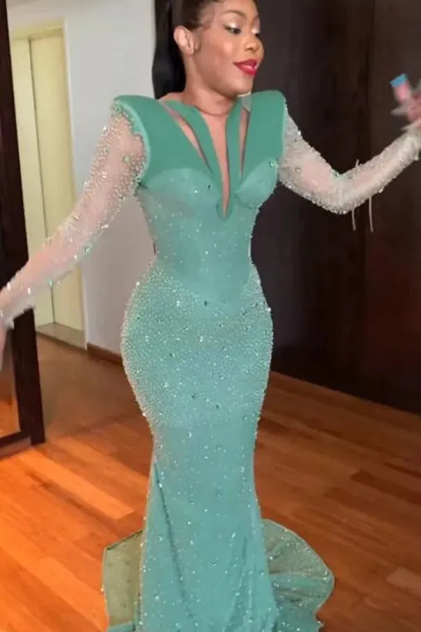 Green Mermaid Prom Dress Long Sleeve Sequined Evening Dress