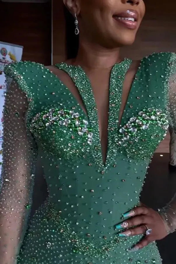 Green Mermaid Prom Dress Long Sleeve Sequined Evening Dress