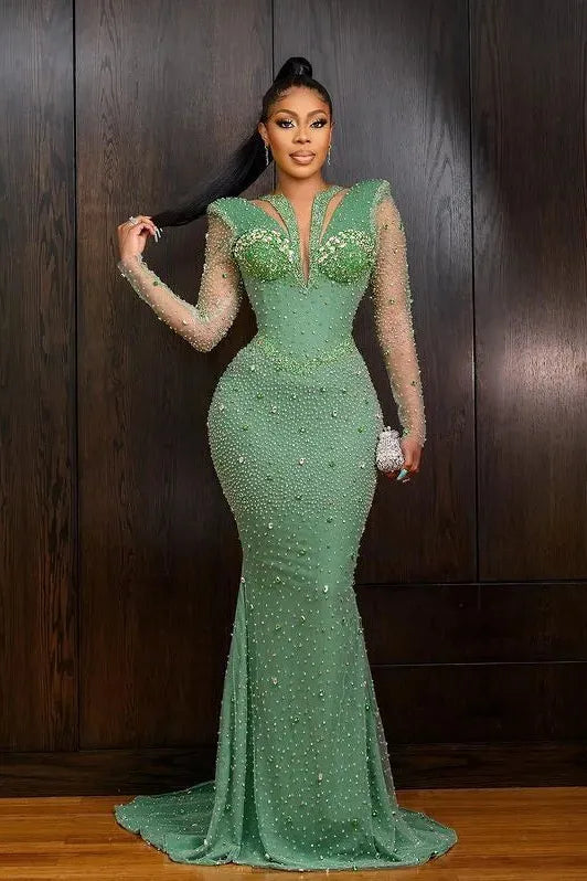 Green Mermaid Prom Dress Long Sleeve Sequined Evening Dress