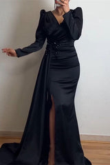 Green Mermaid Prom Dress Long Sleeve V Neck Beaded Evening Dress