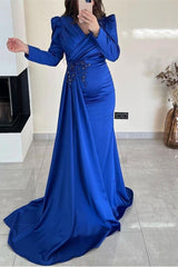 Green Mermaid Prom Dress Long Sleeve V Neck Beaded Evening Dress
