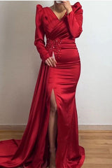 Green Mermaid Prom Dress Long Sleeve V Neck Beaded Evening Dress