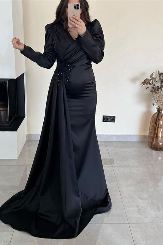 Green Mermaid Prom Dress Long Sleeve V Neck Beaded Evening Dress