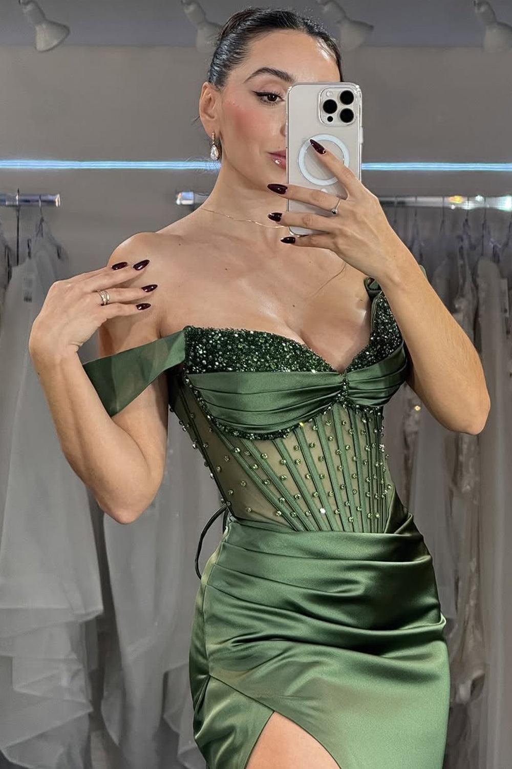 Green Mermaid Prom Dress Off the Shoulder Sequined Evening Dress