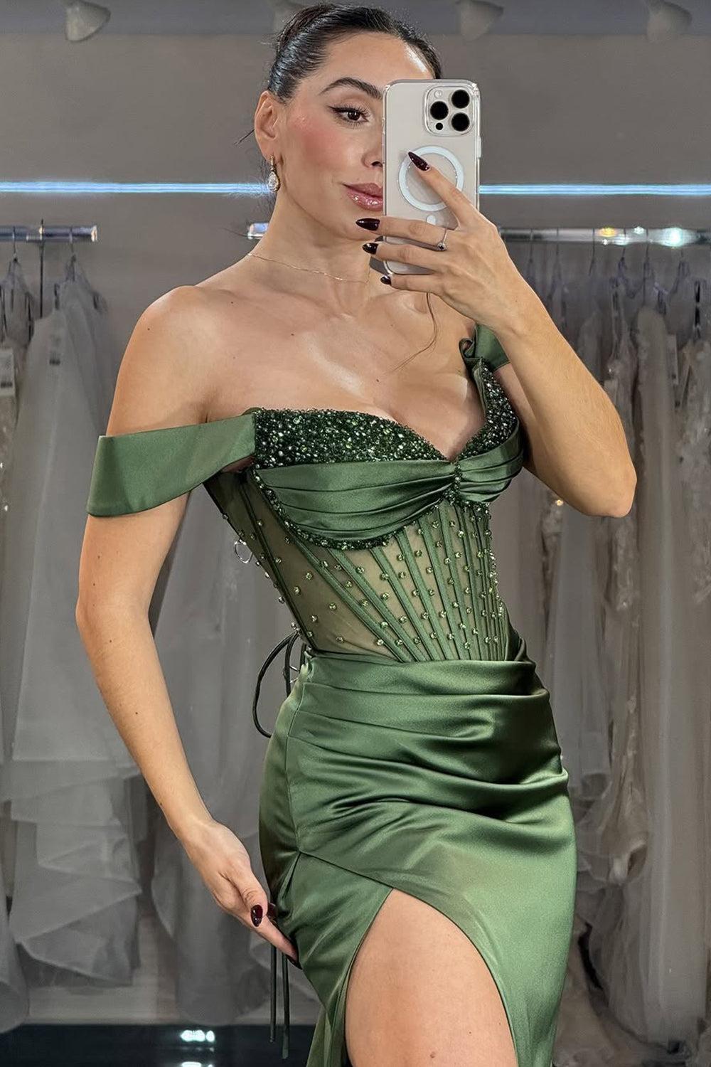 Green Mermaid Prom Dress Off the Shoulder Sequined Evening Dress