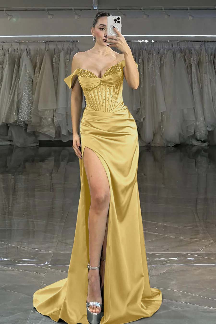 Green Mermaid Prom Dress Off the Shoulder Sequined Evening Dress