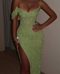 Green Mermaid Prom Dress One Shoulder Sequined Evening Dress