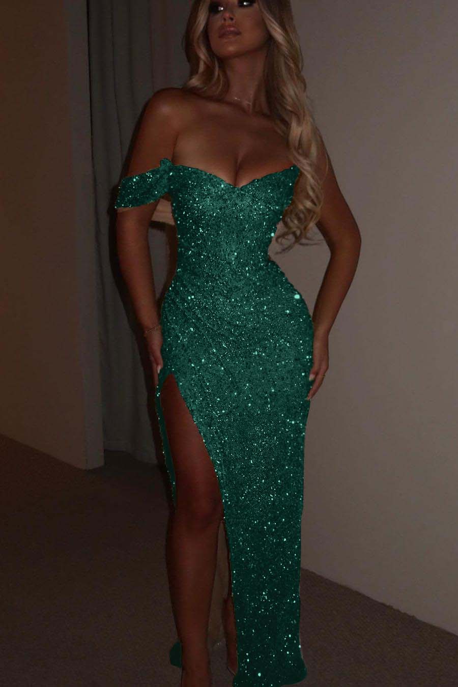 Green Mermaid Prom Dress One Shoulder Sequined Evening Dress