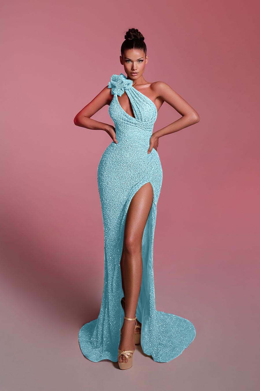 Green Mermaid Prom Dress One Shoulder Sequined Sleeveless Evening Dress