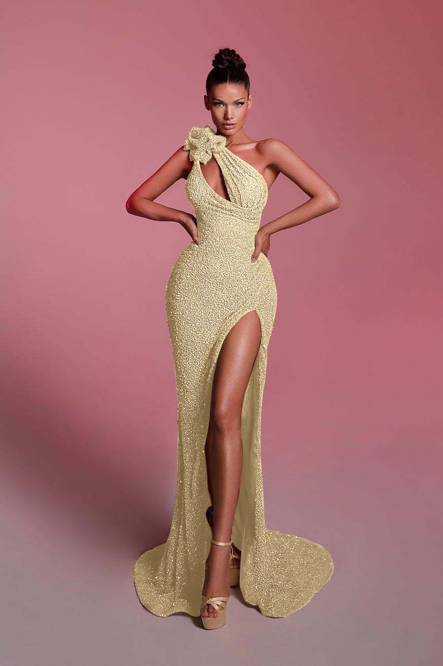 Green Mermaid Prom Dress One Shoulder Sequined Sleeveless Evening Dress