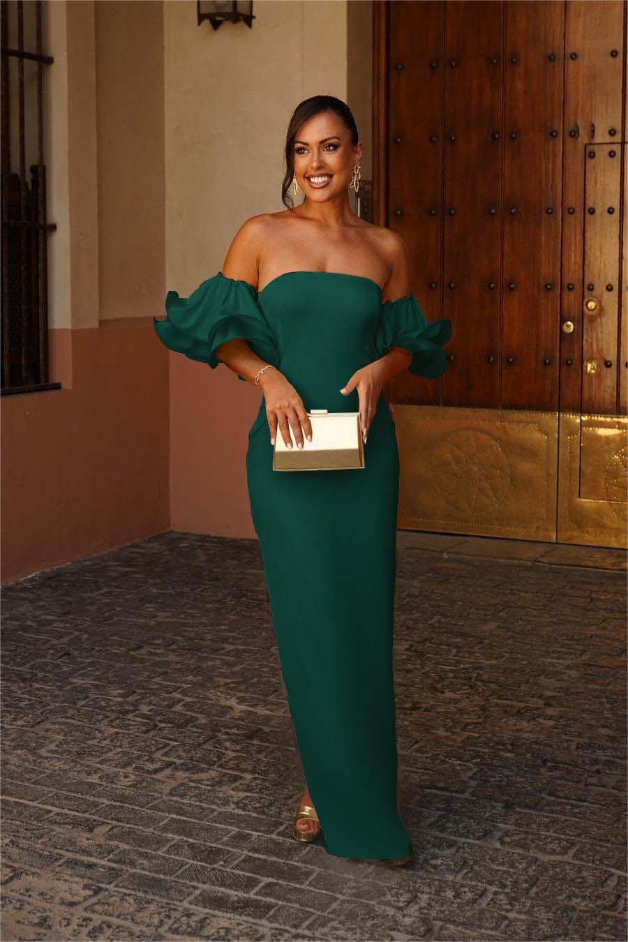 Green Mermaid Prom Dress Short Sleeve Strapless Satin Evening Dress