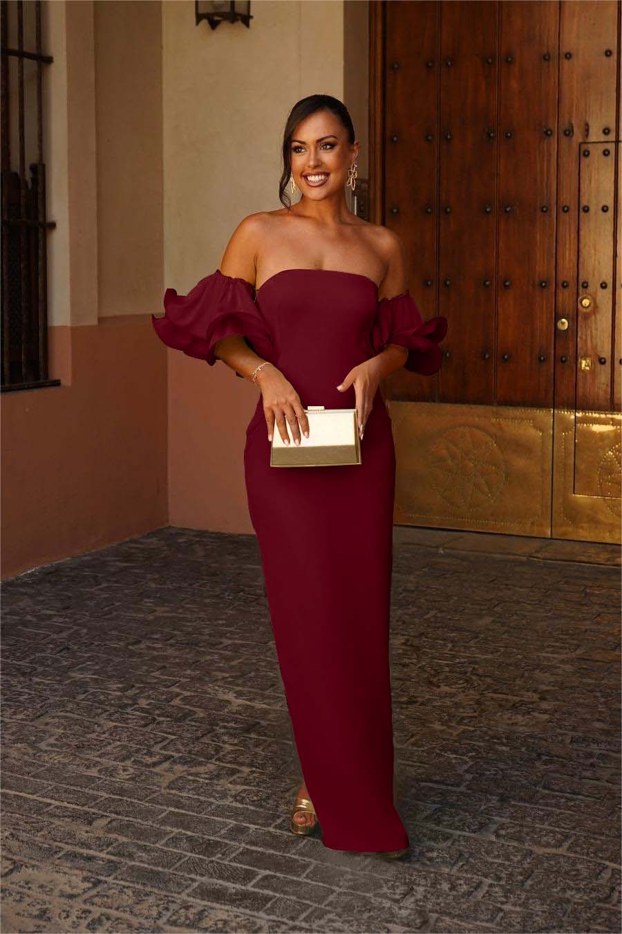 Green Mermaid Prom Dress Short Sleeve Strapless Satin Evening Dress