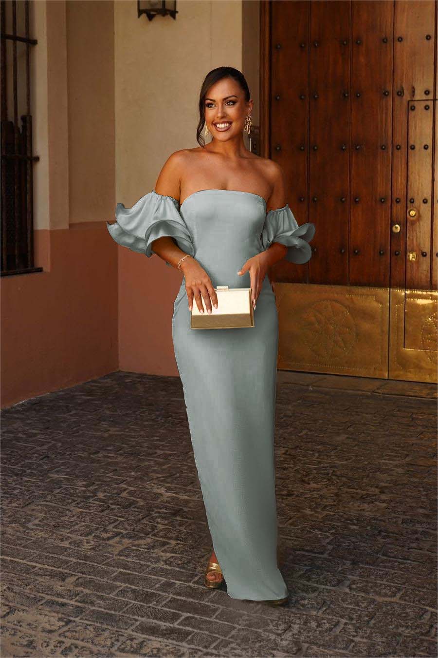 Green Mermaid Prom Dress Short Sleeve Strapless Satin Evening Dress