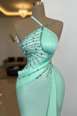 Green Mermaid Prom Dress Sleeveless Halter Neck Beaded Evening Dress