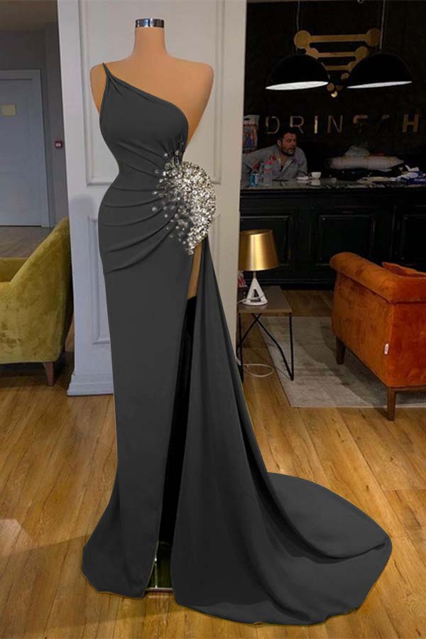 Green Mermaid Prom Dress Sleeveless One Shoulder Beaded Evening Dress