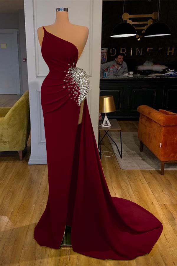 Green Mermaid Prom Dress Sleeveless One Shoulder Beaded Evening Dress