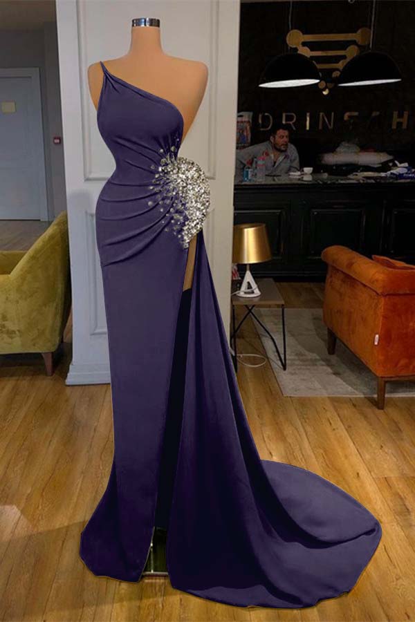 Green Mermaid Prom Dress Sleeveless One Shoulder Beaded Evening Dress