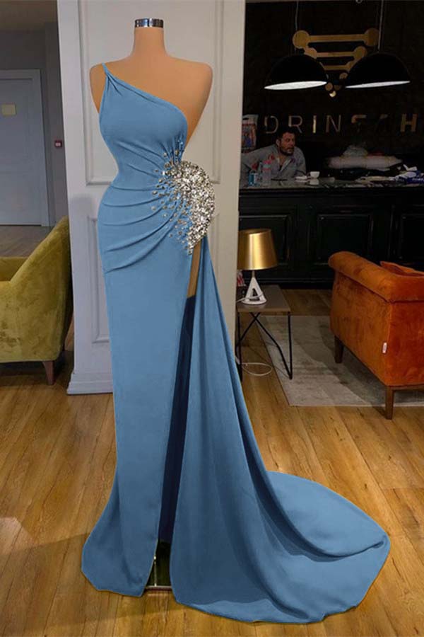 Green Mermaid Prom Dress Sleeveless One Shoulder Beaded Evening Dress