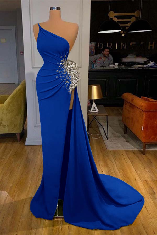 Green Mermaid Prom Dress Sleeveless One Shoulder Beaded Evening Dress