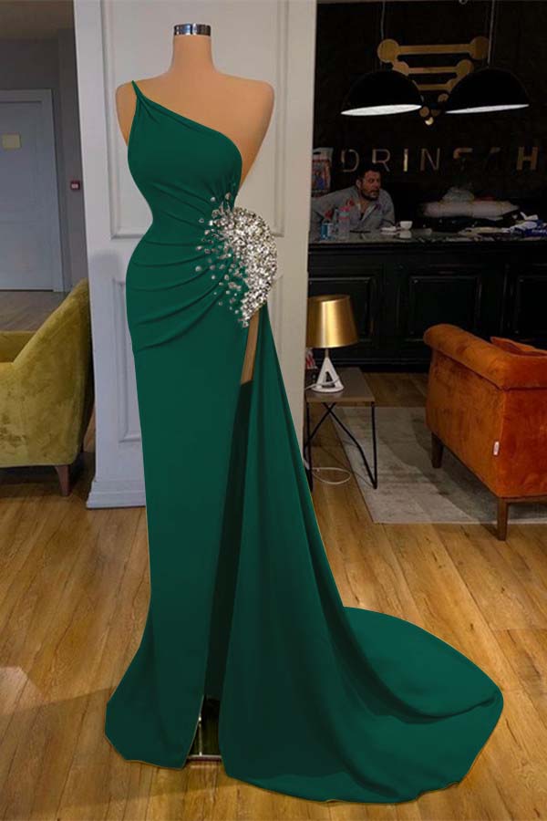 Green Mermaid Prom Dress Sleeveless One Shoulder Beaded Evening Dress