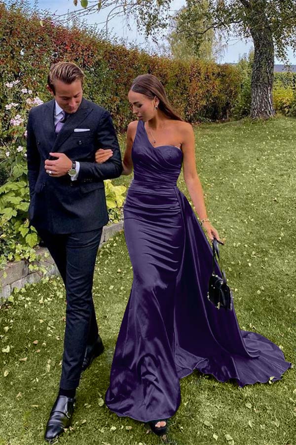 Green Mermaid Prom Dress Sleeveless One Shoulder Satin Evening Dress