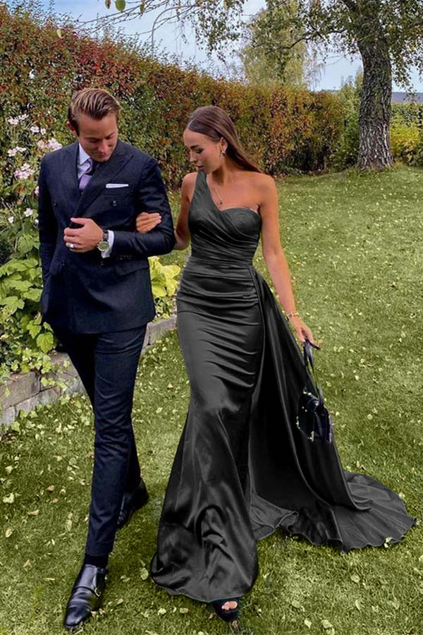 Green Mermaid Prom Dress Sleeveless One Shoulder Satin Evening Dress