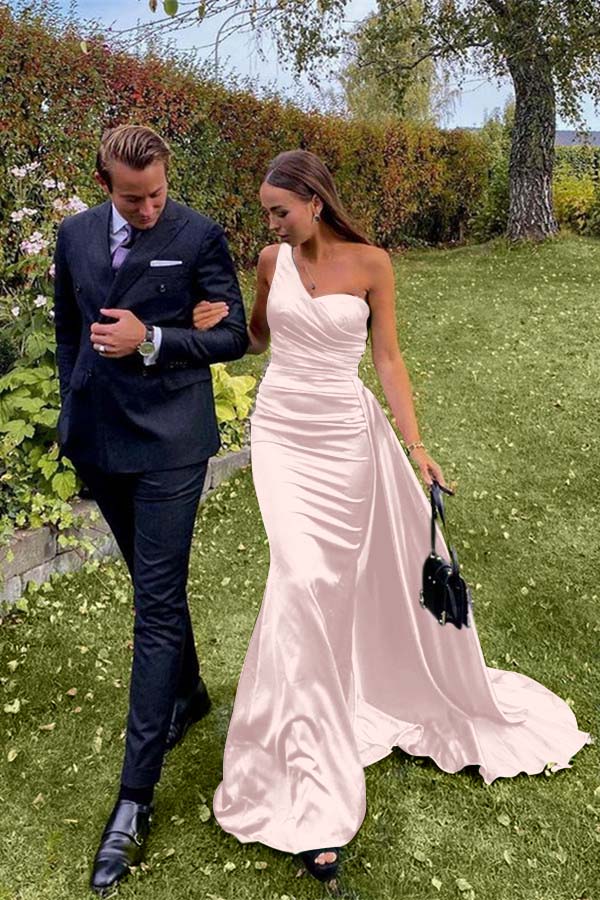 Green Mermaid Prom Dress Sleeveless One Shoulder Satin Evening Dress