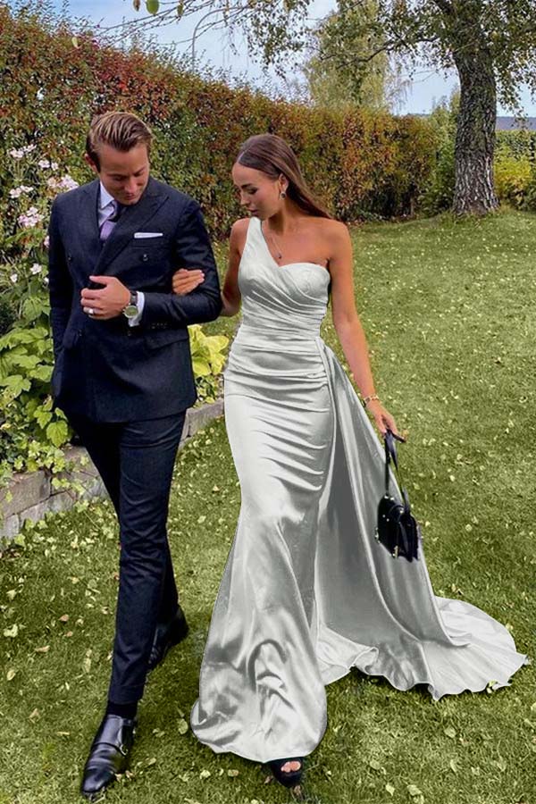 Green Mermaid Prom Dress Sleeveless One Shoulder Satin Evening Dress