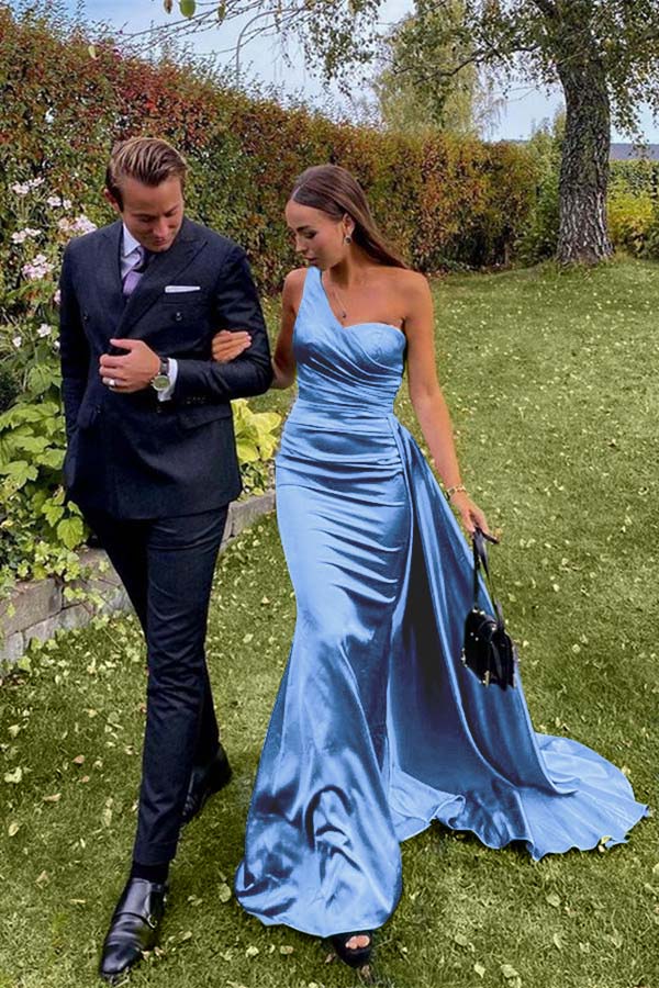 Green Mermaid Prom Dress Sleeveless One Shoulder Satin Evening Dress