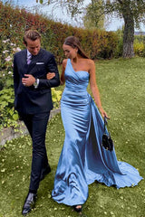 Green Mermaid Prom Dress Sleeveless One Shoulder Satin Evening Dress